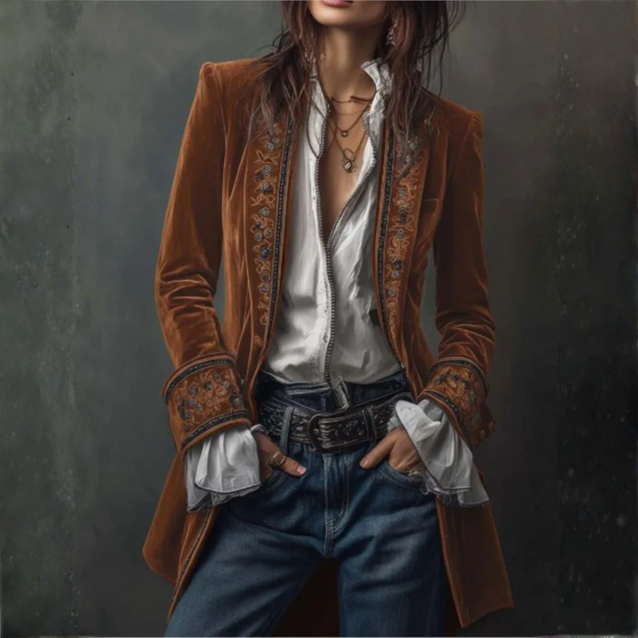 Federica | Giacca Lunga Vintage in Velluto Blu Navy con Ricami