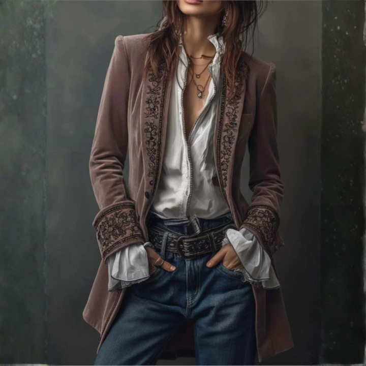 Federica | Giacca Lunga Vintage in Velluto Blu Navy con Ricami