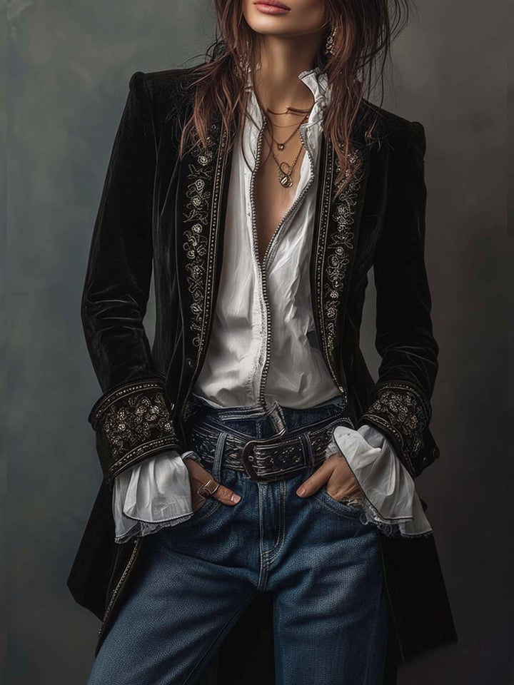 Federica | Giacca Lunga Vintage in Velluto Blu Navy con Ricami