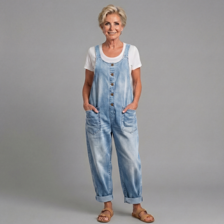 Elena - Salopette in Denim di Cotone Vintage Lavato