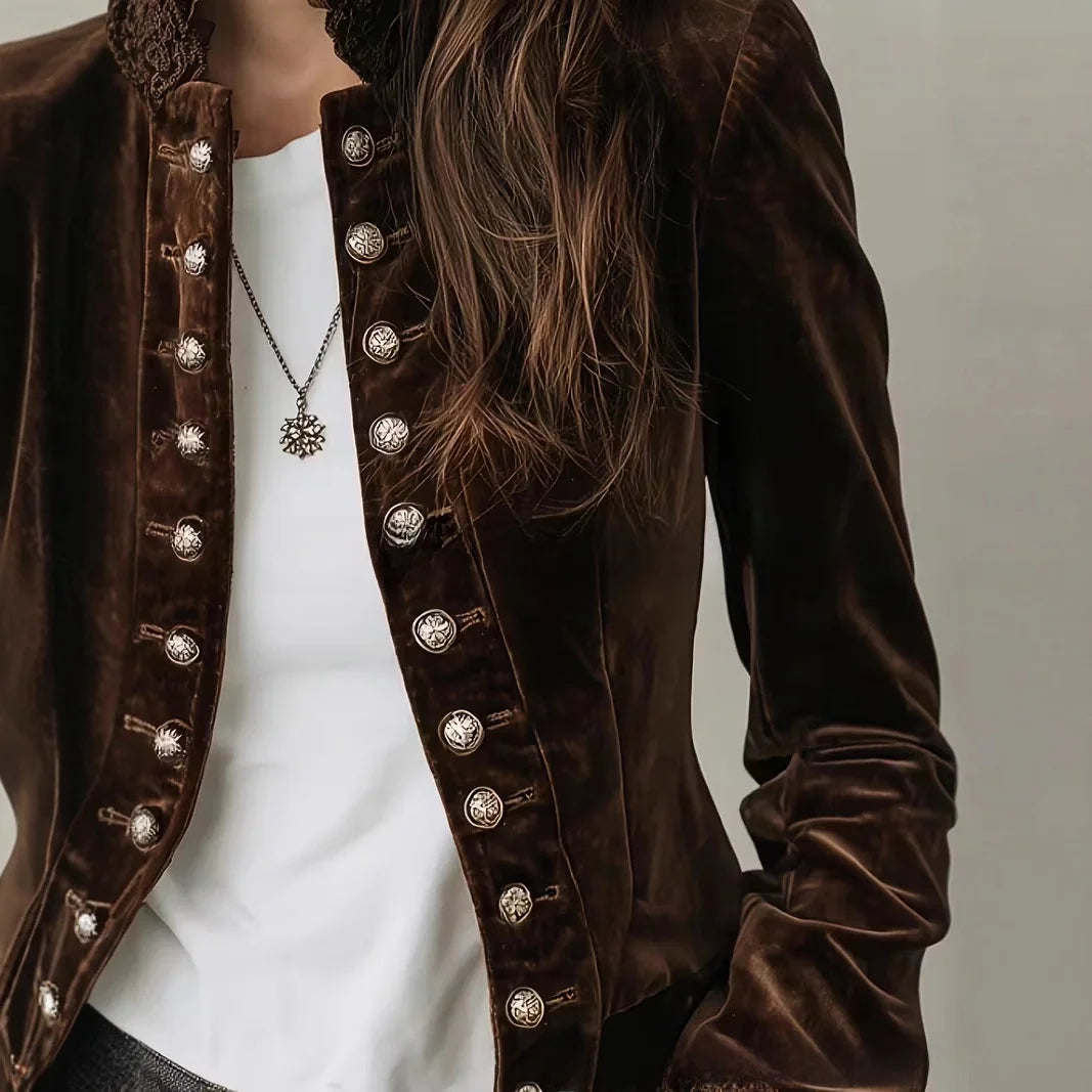 Elena | Giacca in velluto marrone con bottoni decorativi e dettagli in pizzo