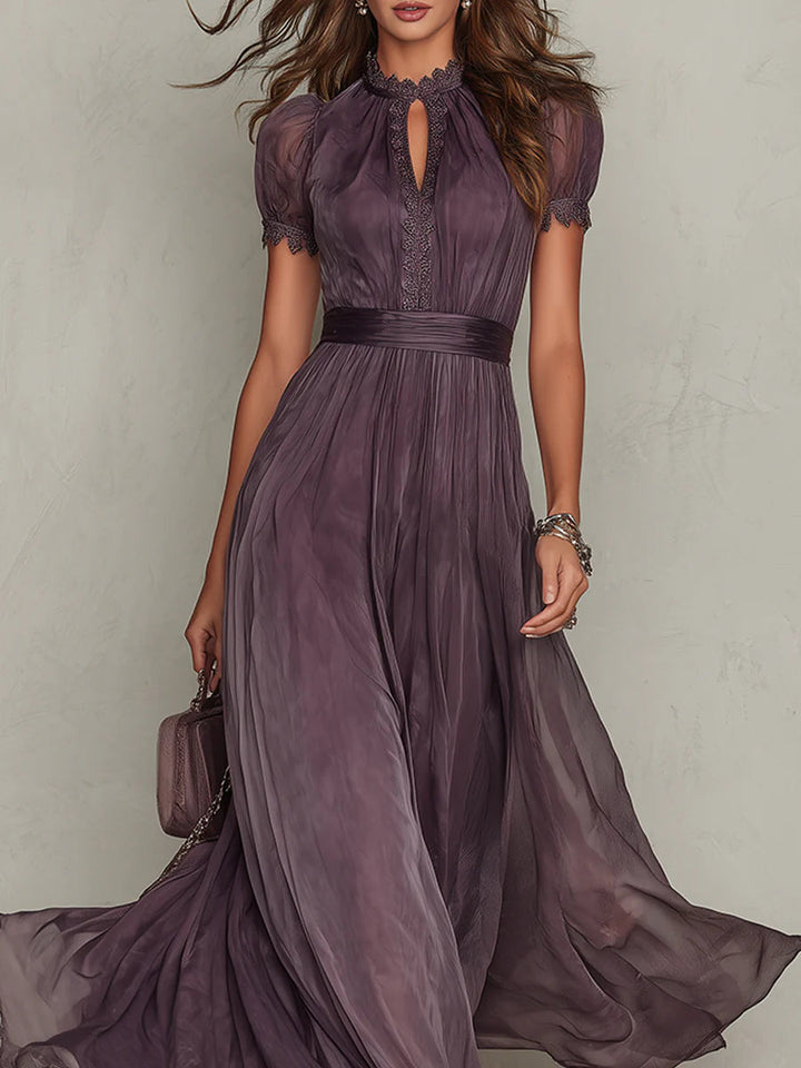 Flavia - Abito lungo viola con scollo a goccia e bordo in pizzo di chiffon