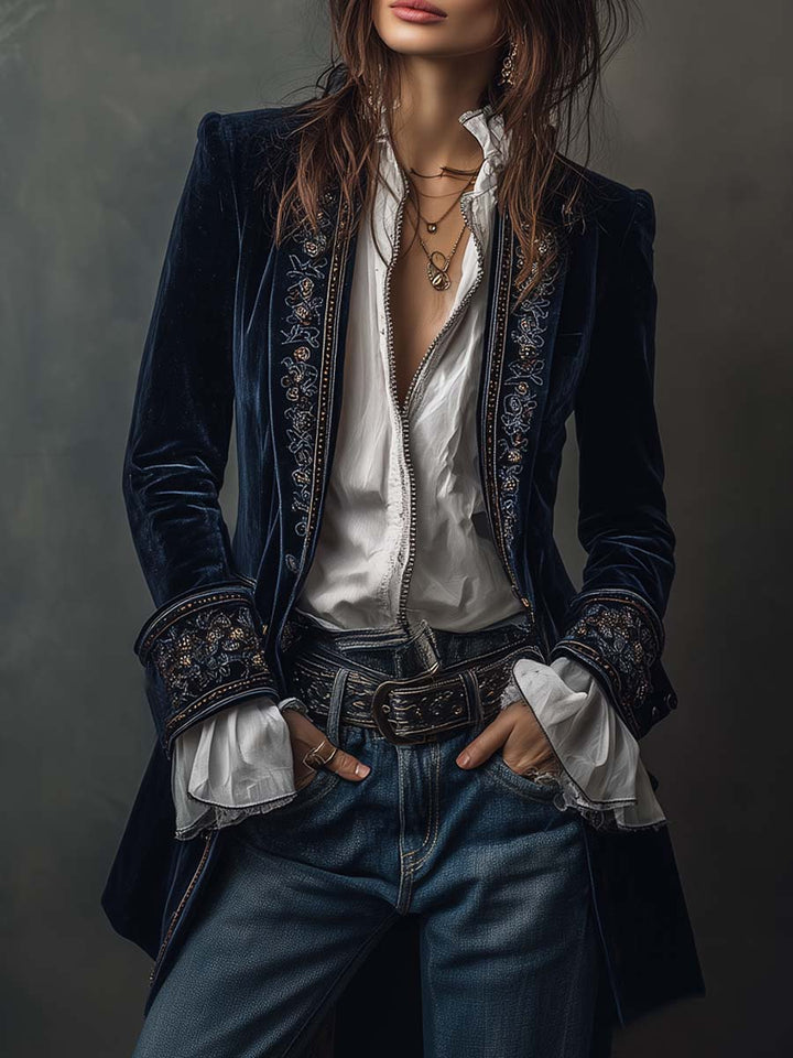 Federica | Giacca Lunga Vintage in Velluto Blu Navy con Ricami