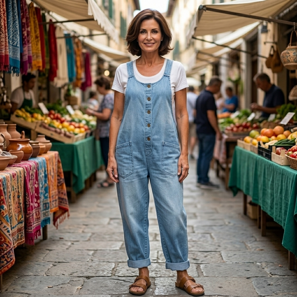 Elena - Salopette in Denim di Cotone Vintage Lavato