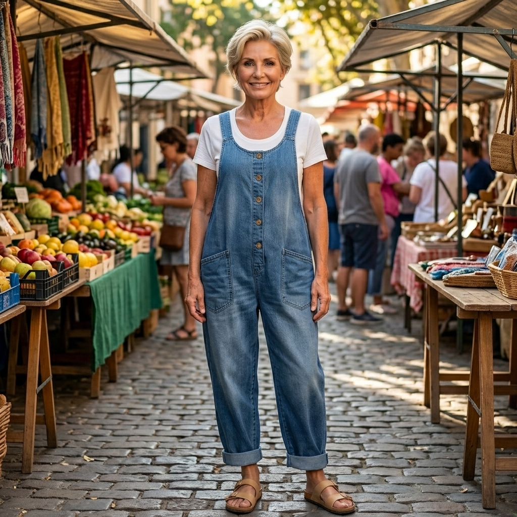 Elena - Salopette in Denim di Cotone Vintage Lavato